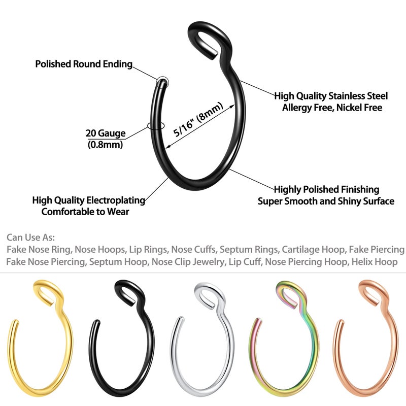 VELCARE 5 Pcs Fake Nose Ring Nose Rings Hoops 20 Gauge Non Piercing Stainless Steel Clip-on Fake Septum Nose Hoop Ring Studs Earrings Piercings for Women Men Faux Lip Rings - Image 2
